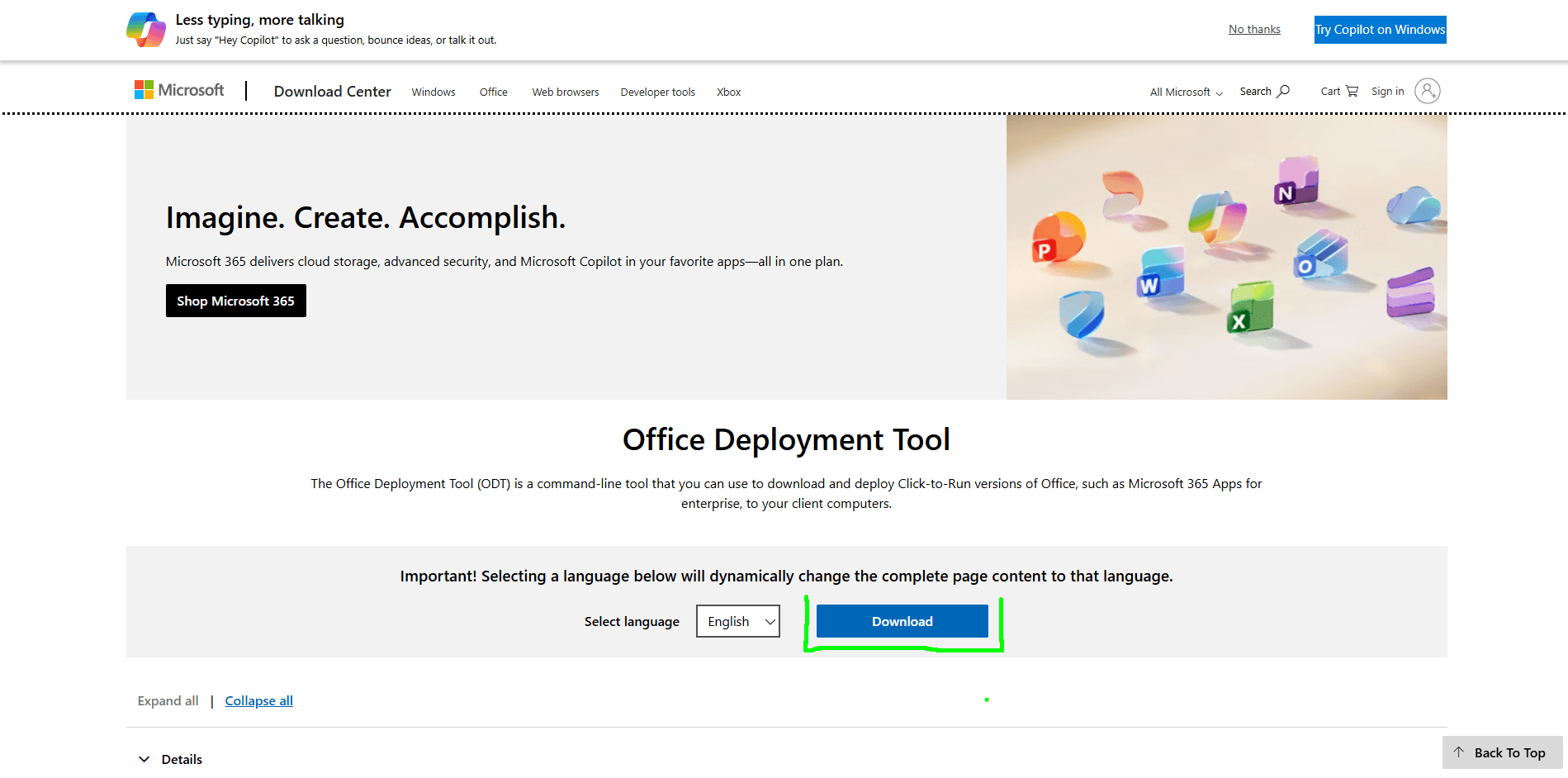 Página oficial de descarga de Office Deployment Tool
