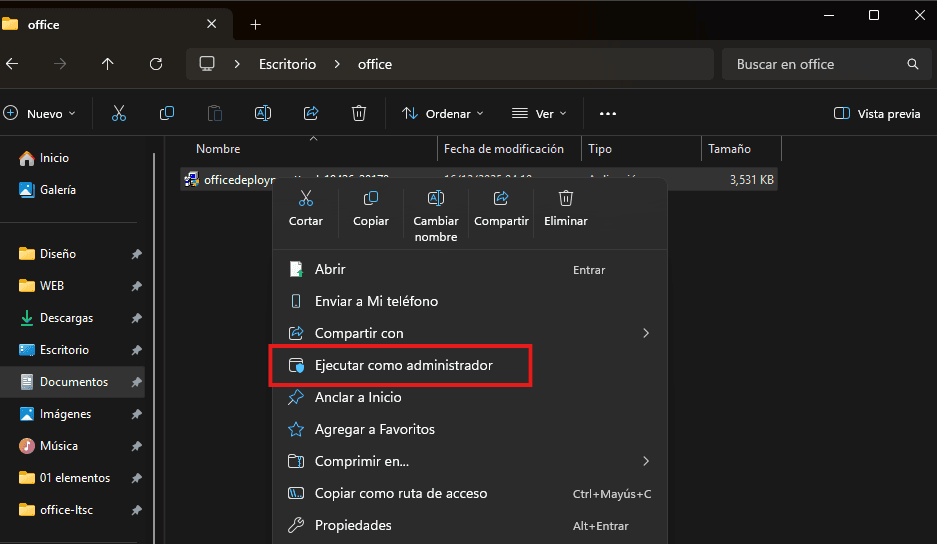 Ejecutar como administrador el instalador de ODT