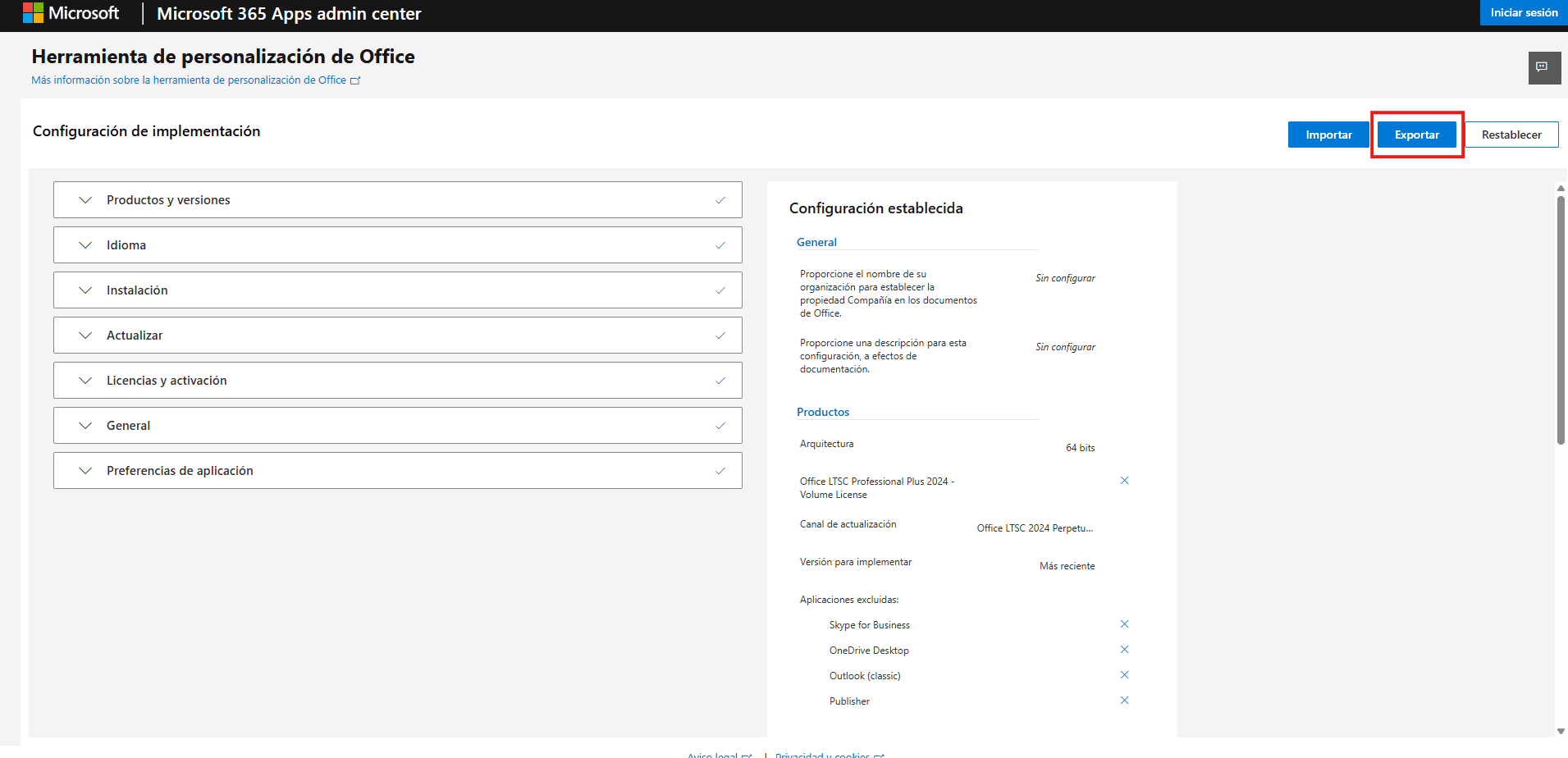 Pantalla de exportación en Office Customization Tool