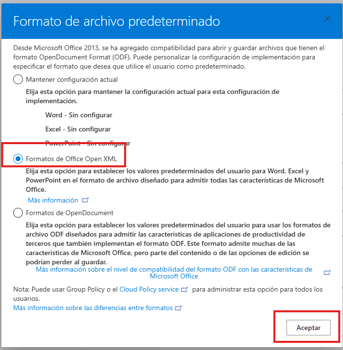 Recuadro de exportación en Office Customization Tool