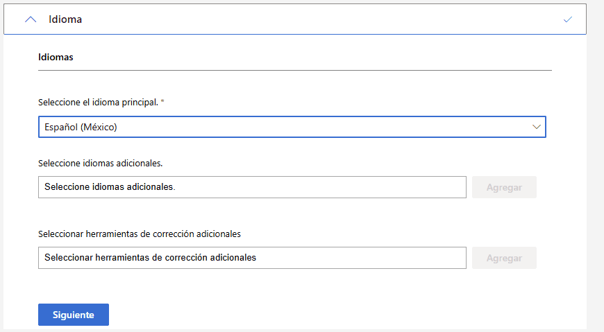 Selección de idioma Español (México) en Office Customization Tool