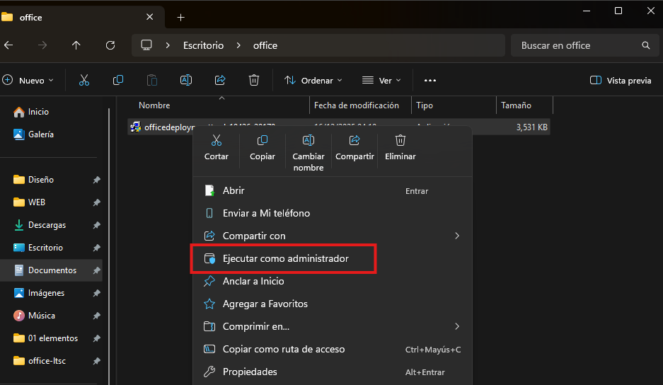 Ejecutar como administrador el instalador de ODT